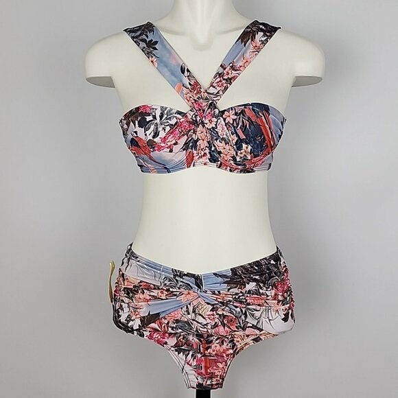 Urban Lux Resort Women's 3 Piece Bikini Sarong Tropical Silver Pink Print Size S - Picture 2 of 16